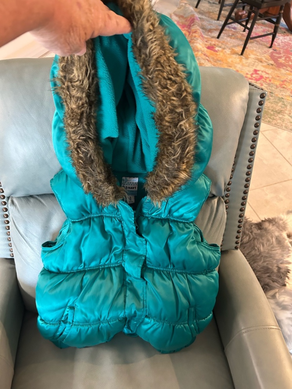 Kids Teal Puffer Vest with Faux Fur Trim